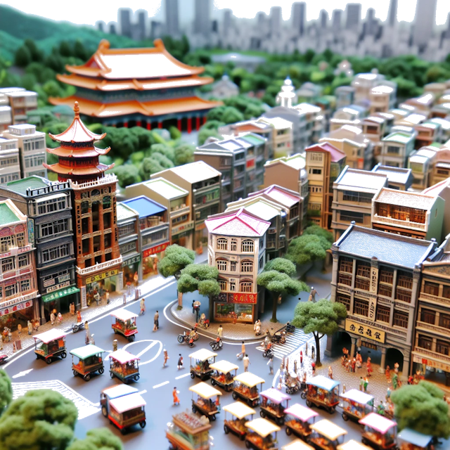 Create an image of intricate miniature model scene that encapsulates the vibrant essence and unique characteristics of Country Taipeh, styled to echo the fascinating detail and whimsy of Miniatur World.