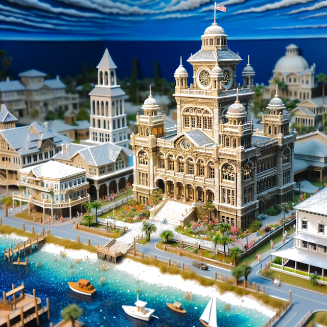 Create an image of intricate miniature model scene that encapsulates the vibrant essence and unique characteristics of City Ocean Springs, in country Mississippi styled to echo the fascinating detail and whimsy of Miniatur World.