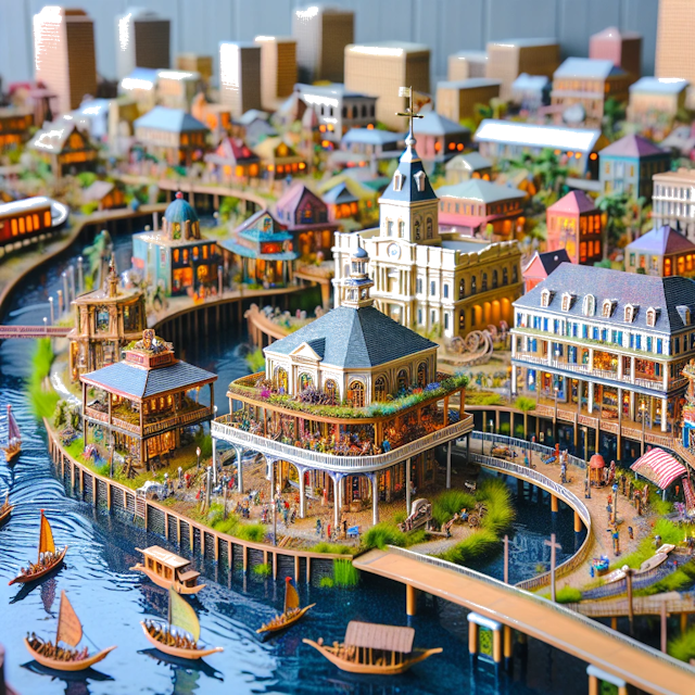 Create an image of intricate miniature model scene that encapsulates the vibrant essence and unique characteristics of City Lafayette, in country Louisiane styled to echo the fascinating detail and whimsy of Miniatur World.