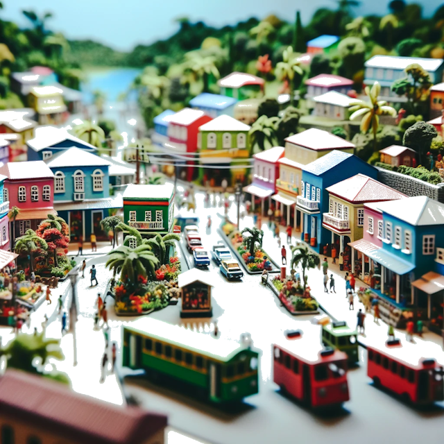 Create an image of intricate miniature model scene that encapsulates the vibrant essence and unique characteristics of Country Trinidad und Tobago, styled to echo the fascinating detail and whimsy of Miniatur World.