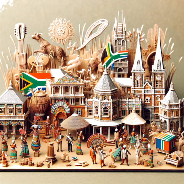 Create an image of intricate miniature model scene that encapsulates the vibrant essence and unique characteristics of Country South Africa, styled to echo the fascinating detail and whimsy of Miniatur World.