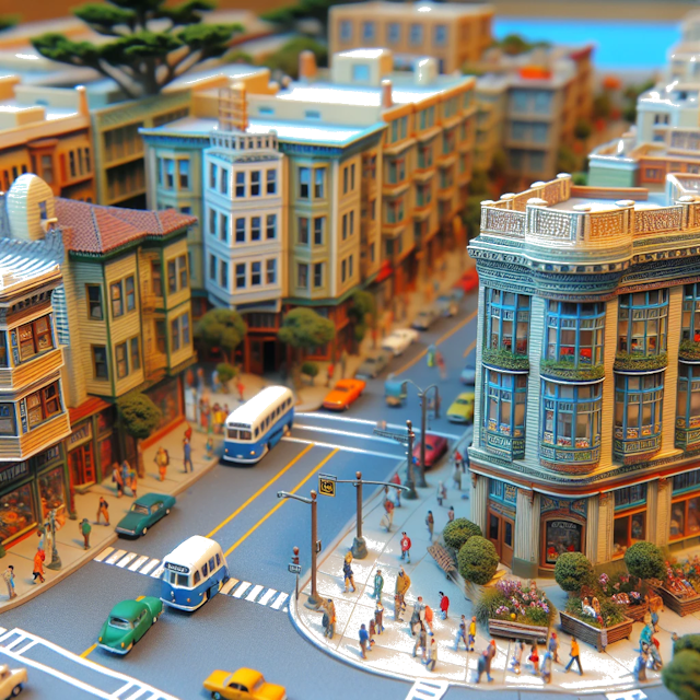 Create an image of intricate miniature model scene that encapsulates the vibrant essence and unique characteristics of City Vereinigte Staaten, in country Bay Area styled to echo the fascinating detail and whimsy of Miniatur World.