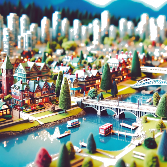 Create an image of intricate miniature model scene that encapsulates the vibrant essence and unique characteristics of Country Vancouver, styled to echo the fascinating detail and whimsy of Miniatur World.