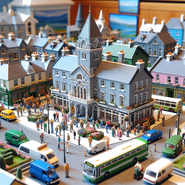 Create an image of intricate miniature model scene that encapsulates the vibrant essence and unique characteristics of City Ballinasloe, County Galway, in country Ierland styled to echo the fascinating detail and whimsy of Miniatur World.