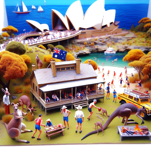 Create an image of intricate miniature model scene that encapsulates the vibrant essence and unique characteristics of Country Australie, styled to echo the fascinating detail and whimsy of Miniatur World.