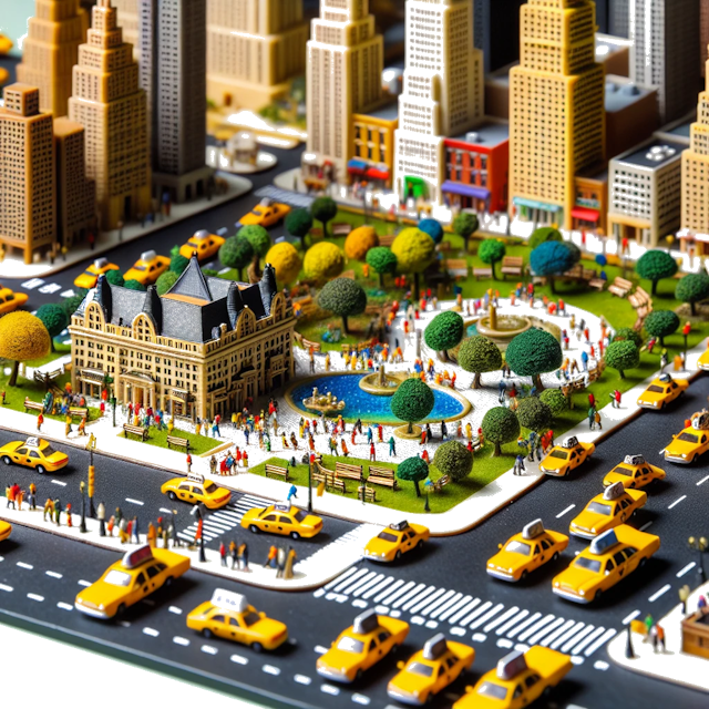 Create an image of intricate miniature model scene that encapsulates the vibrant essence and unique characteristics of Country ciudad de Nueva York, styled to echo the fascinating detail and whimsy of Miniatur World.