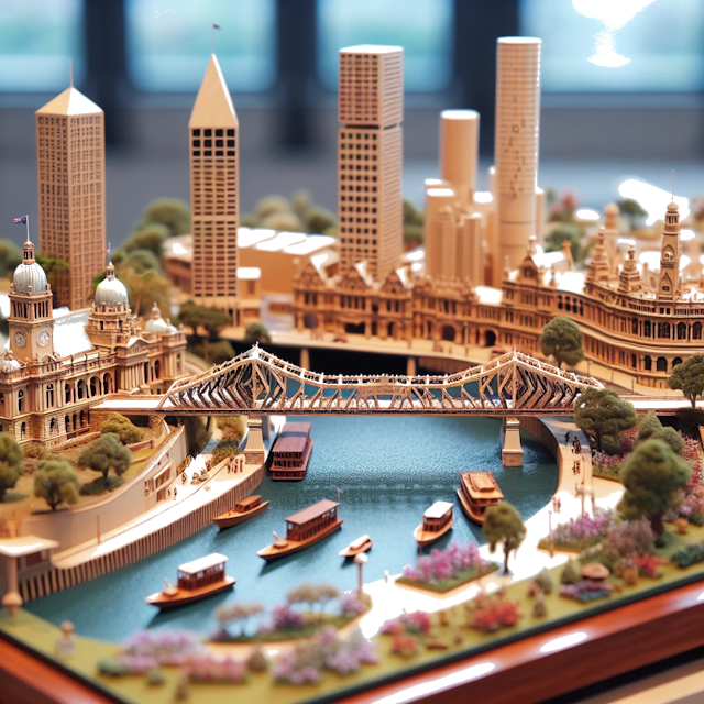 Create an image of intricate miniature model scene that encapsulates the vibrant essence and unique characteristics of City Brisbane, in country Australie styled to echo the fascinating detail and whimsy of Miniatur World.