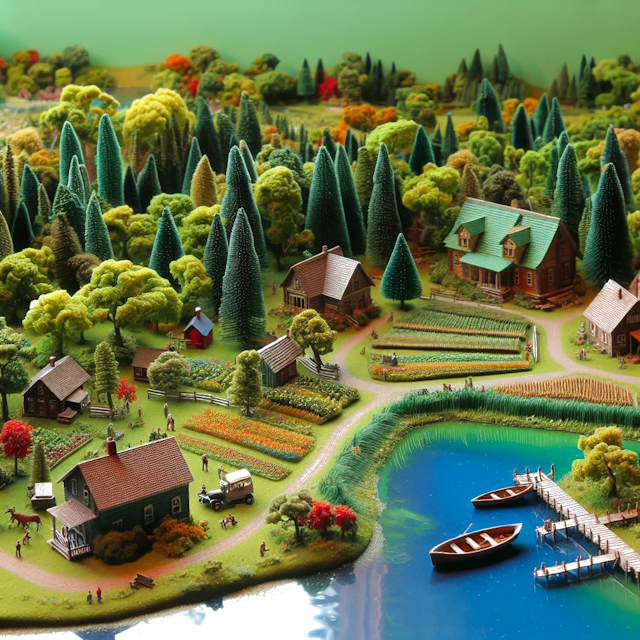Create an image of intricate miniature model scene that encapsulates the vibrant essence and unique characteristics of Country Michigan, styled to echo the fascinating detail and whimsy of Miniatur World.