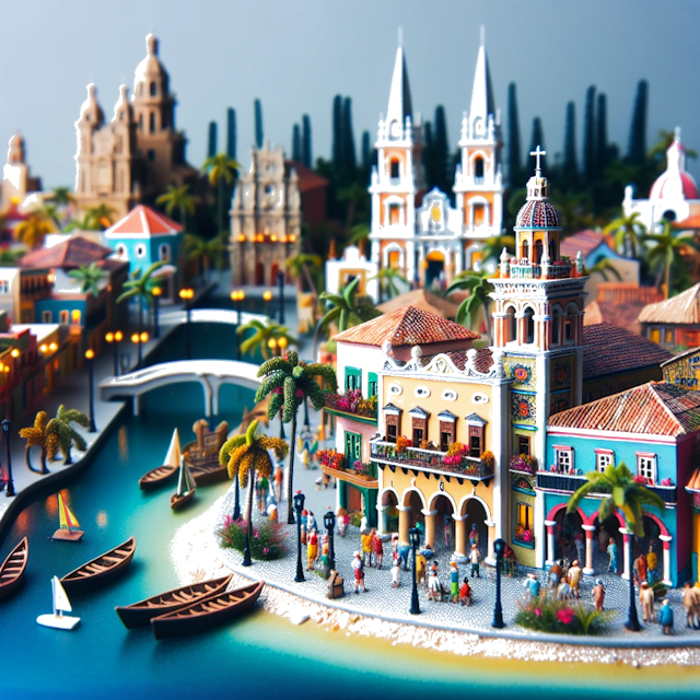 Create an image of intricate miniature model scene that encapsulates the vibrant essence and unique characteristics of Country Boca Ratón, styled to echo the fascinating detail and whimsy of Miniatur World.