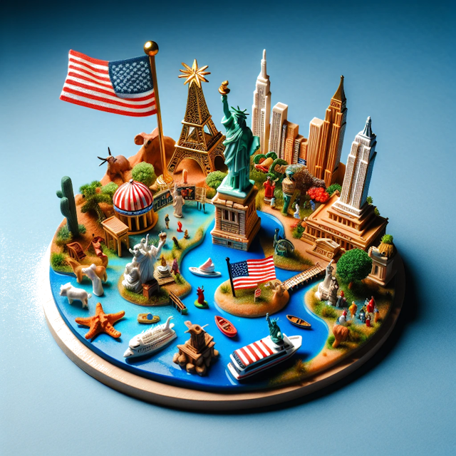 Create an image of intricate miniature model scene that encapsulates the vibrant essence and unique characteristics of Country United States of America, styled to echo the fascinating detail and whimsy of Miniatur World.