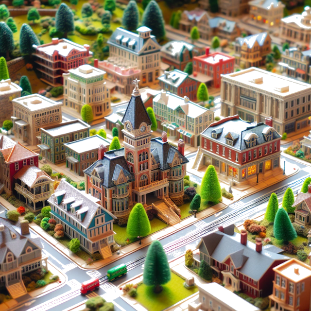 Create an image of intricate miniature model scene that encapsulates the vibrant essence and unique characteristics of City Westwood, in country New Jersey styled to echo the fascinating detail and whimsy of Miniatur World.