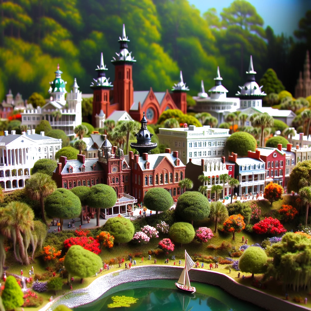 Create an image of intricate miniature model scene that encapsulates the vibrant essence and unique characteristics of Country South Carolina, styled to echo the fascinating detail and whimsy of Miniatur World.