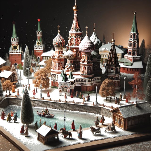 Create an image of intricate miniature model scene that encapsulates the vibrant essence and unique characteristics of Country Rússia, styled to echo the fascinating detail and whimsy of Miniatur World.
