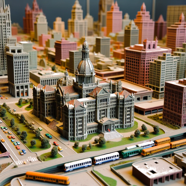 Create an image of intricate miniature model scene that encapsulates the vibrant essence and unique characteristics of City Detroit, in country Michigan styled to echo the fascinating detail and whimsy of Miniatur World.