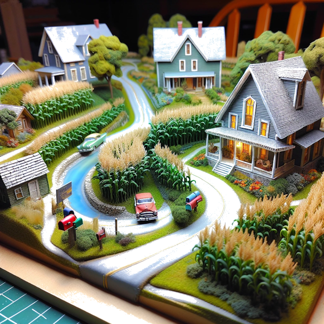 Create an image of intricate miniature model scene that encapsulates the vibrant essence and unique characteristics of Country Indiana, styled to echo the fascinating detail and whimsy of Miniatur World.