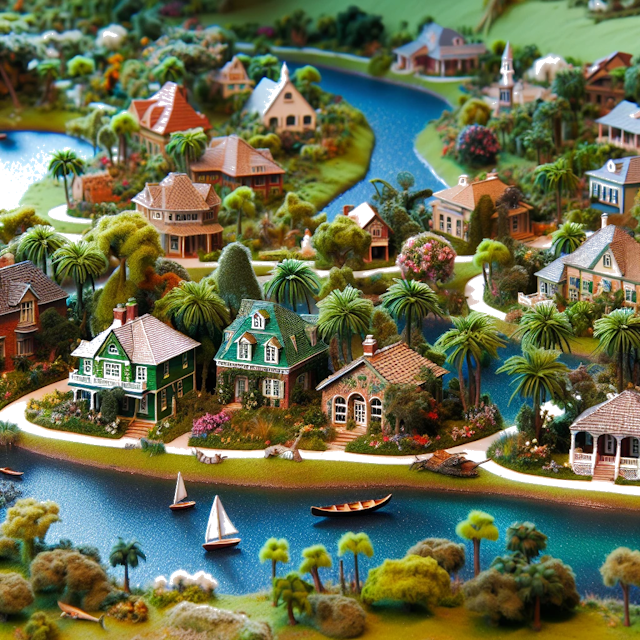 Create an image of intricate miniature model scene that encapsulates the vibrant essence and unique characteristics of Country Boca Raton, styled to echo the fascinating detail and whimsy of Miniatur World.