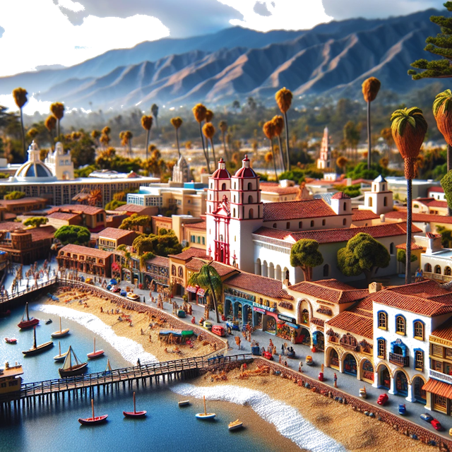 Create an image of intricate miniature model scene that encapsulates the vibrant essence and unique characteristics of City Santa Barbara, in country Californie styled to echo the fascinating detail and whimsy of Miniatur World.