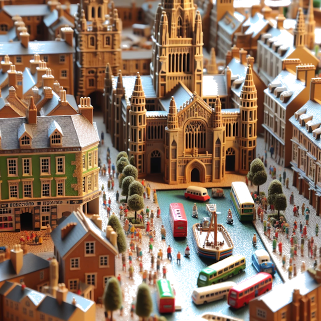 Create an image of intricate miniature model scene that encapsulates the vibrant essence and unique characteristics of City Hereford, in country Engeland styled to echo the fascinating detail and whimsy of Miniatur World.