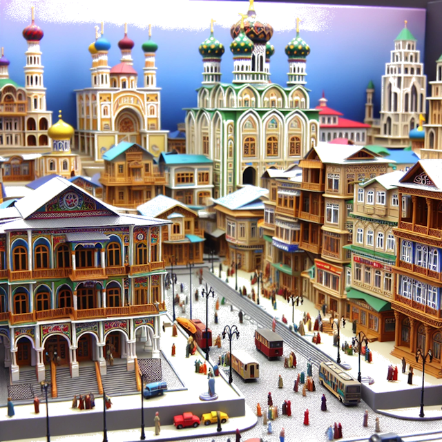 Create an image of intricate miniature model scene that encapsulates the vibrant essence and unique characteristics of City Dagestanskiye Ogni, in country Russland styled to echo the fascinating detail and whimsy of Miniatur World.