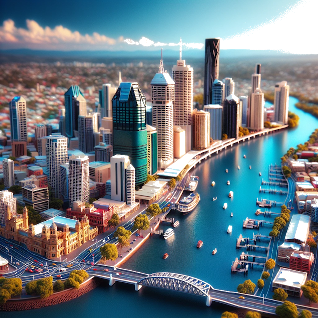 Create an image of intricate miniature model scene that encapsulates the vibrant essence and unique characteristics of City Brisbane, in country Australia styled to echo the fascinating detail and whimsy of Miniatur World.