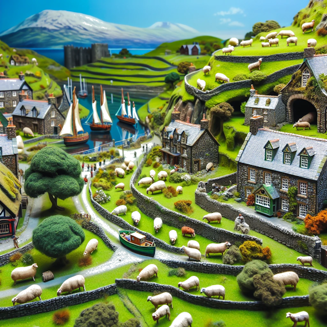 Create an image of intricate miniature model scene that encapsulates the vibrant essence and unique characteristics of Country Pays de Galles, styled to echo the fascinating detail and whimsy of Miniatur World.