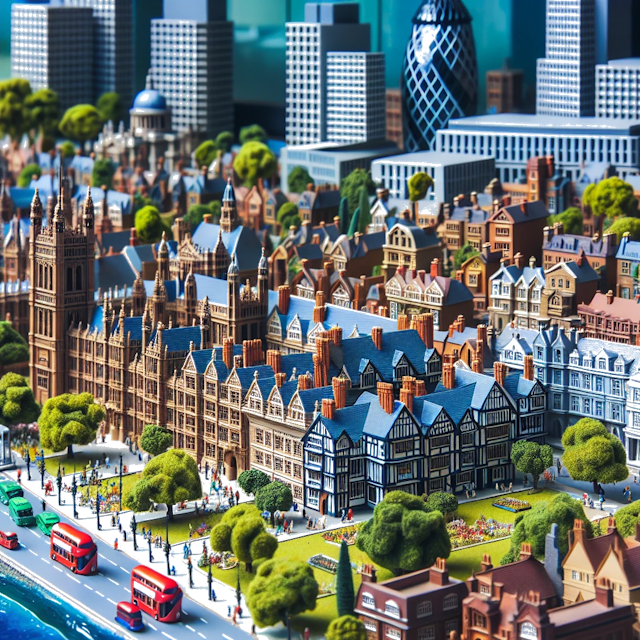 Create an image of intricate miniature model scene that encapsulates the vibrant essence and unique characteristics of Country Engeland, styled to echo the fascinating detail and whimsy of Miniatur World.