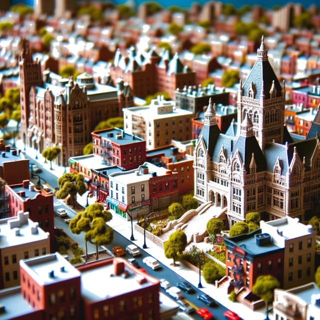 Create an image of intricate miniature model scene that encapsulates the vibrant essence and unique characteristics of City Brooklyn, in country Nueva York styled to echo the fascinating detail and whimsy of Miniatur World.