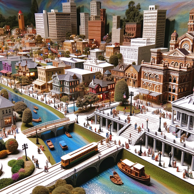 Create an image of intricate miniature model scene that encapsulates the vibrant essence and unique characteristics of City Columbus, in country Georgia styled to echo the fascinating detail and whimsy of Miniatur World.