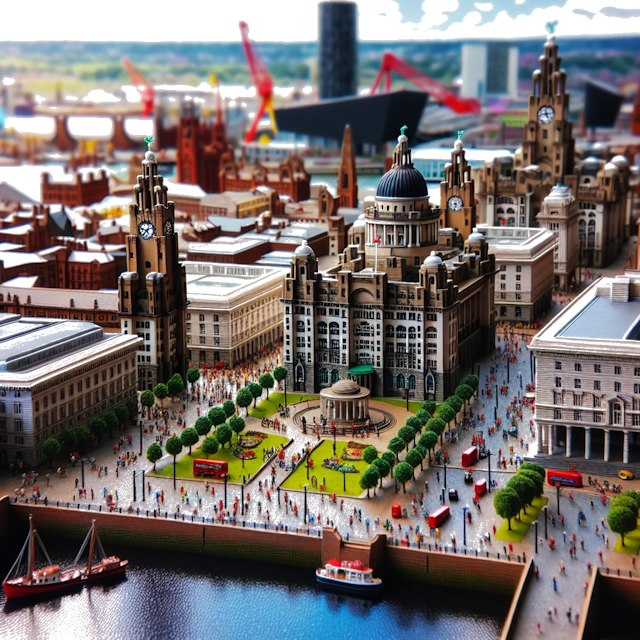 Create an image of intricate miniature model scene that encapsulates the vibrant essence and unique characteristics of City Liverpool, in country Inghilterra styled to echo the fascinating detail and whimsy of Miniatur World.