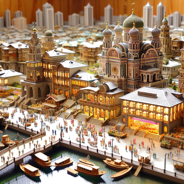 Create an image of intricate miniature model scene that encapsulates the vibrant essence and unique characteristics of City Dagestanskiye Ogni, in country Rússia styled to echo the fascinating detail and whimsy of Miniatur World.