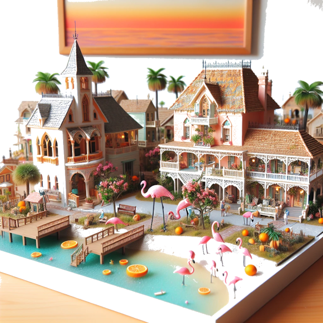 Create an image of intricate miniature model scene that encapsulates the vibrant essence and unique characteristics of Country Flórida, styled to echo the fascinating detail and whimsy of Miniatur World.