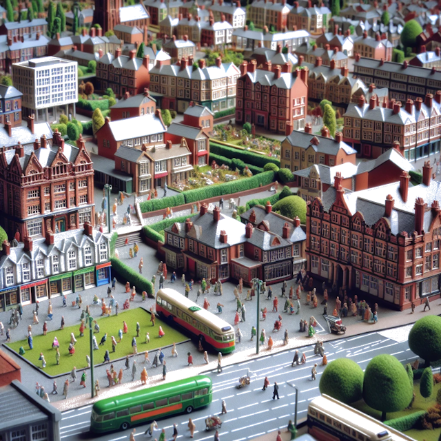 Create an image of intricate miniature model scene that encapsulates the vibrant essence and unique characteristics of City Telford, Shropshire, in country Engeland styled to echo the fascinating detail and whimsy of Miniatur World.