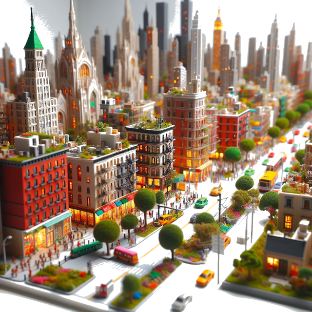 Create an image of intricate miniature model scene that encapsulates the vibrant essence and unique characteristics of City Queens, in country Nueva York styled to echo the fascinating detail and whimsy of Miniatur World.