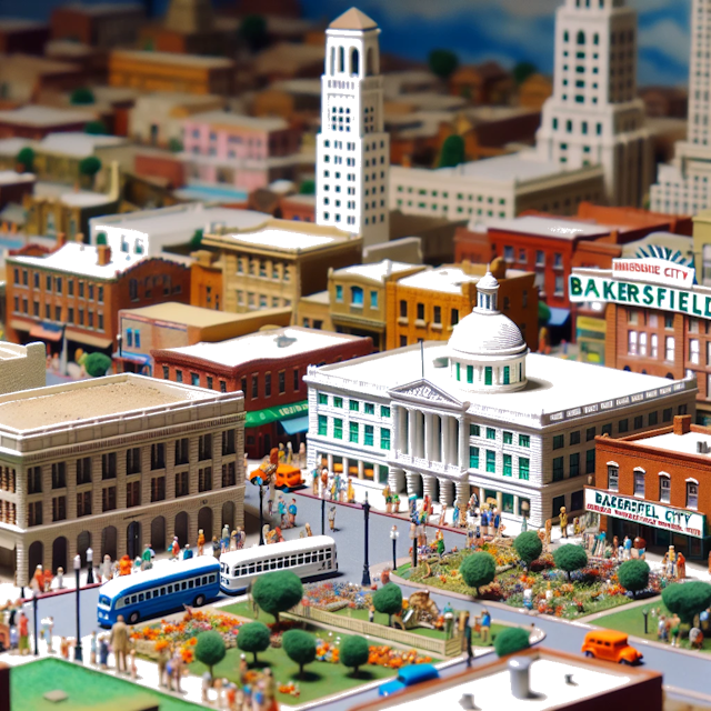 Create an image of intricate miniature model scene that encapsulates the vibrant essence and unique characteristics of City Bakersfield, in country California styled to echo the fascinating detail and whimsy of Miniatur World.