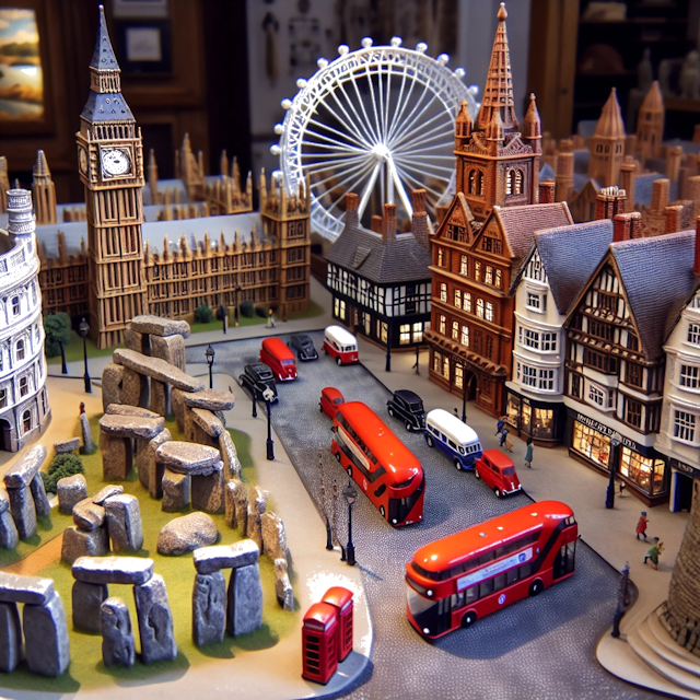 Create an image of intricate miniature model scene that encapsulates the vibrant essence and unique characteristics of Country Regno Unito, styled to echo the fascinating detail and whimsy of Miniatur World.
