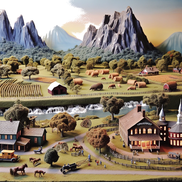 Create an image of intricate miniature model scene that encapsulates the vibrant essence and unique characteristics of Country Tennessee, styled to echo the fascinating detail and whimsy of Miniatur World.
