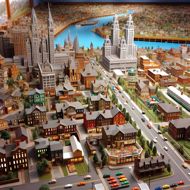 Create an image of intricate miniature model scene that encapsulates the vibrant essence and unique characteristics of City Monmouth County, in country New Jersey styled to echo the fascinating detail and whimsy of Miniatur World.