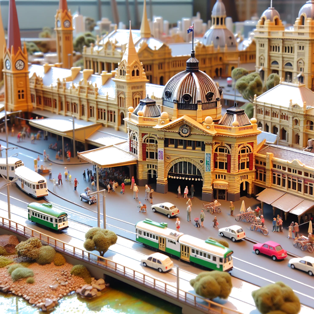 Create an image of intricate miniature model scene that encapsulates the vibrant essence and unique characteristics of City Melbourne, in country Austrália styled to echo the fascinating detail and whimsy of Miniatur World.