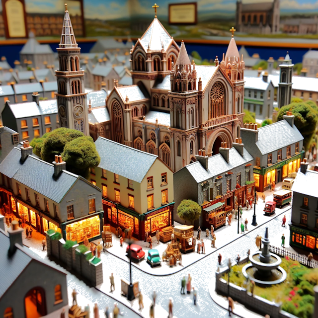 Create an image of intricate miniature model scene that encapsulates the vibrant essence and unique characteristics of City Ballinasloe, Condado de Galway, in country Irlanda styled to echo the fascinating detail and whimsy of Miniatur World.