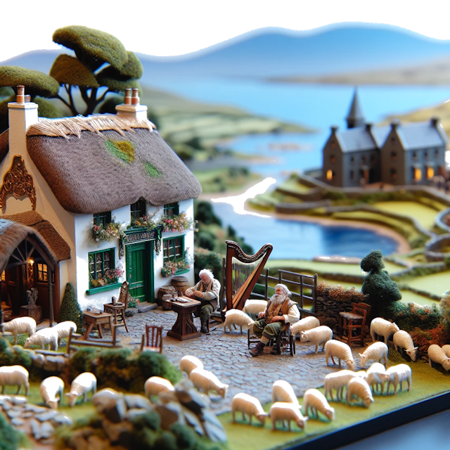 Create an image of intricate miniature model scene that encapsulates the vibrant essence and unique characteristics of Country Ireland, styled to echo the fascinating detail and whimsy of Miniatur World.