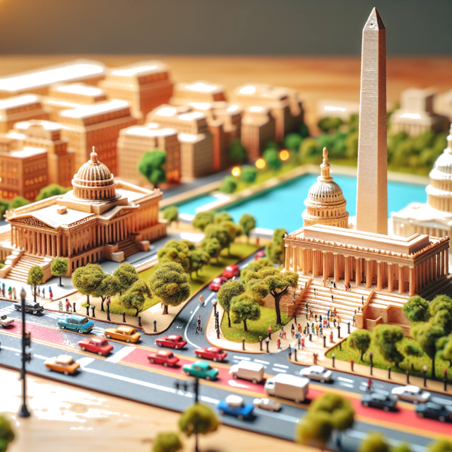 Create an image of intricate miniature model scene that encapsulates the vibrant essence and unique characteristics of City Washington D.C., in country Verenigde Staten styled to echo the fascinating detail and whimsy of Miniatur World.