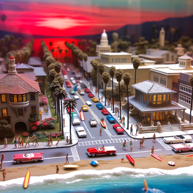 Create an image of intricate miniature model scene that encapsulates the vibrant essence and unique characteristics of City California, in country United States styled to echo the fascinating detail and whimsy of Miniatur World.
