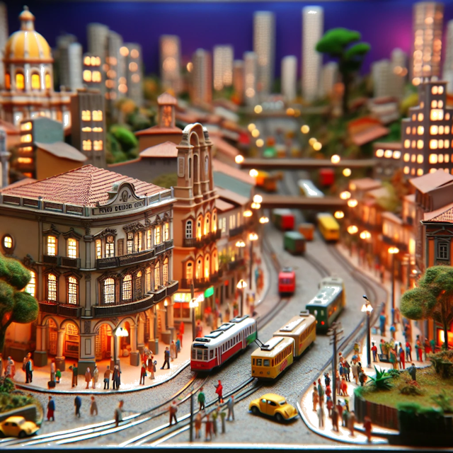 Create an image of intricate miniature model scene that encapsulates the vibrant essence and unique characteristics of City Brasilien, in country Vereinigte Staaten styled to echo the fascinating detail and whimsy of Miniatur World.