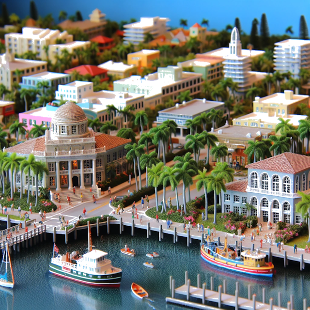 Create an image of intricate miniature model scene that encapsulates the vibrant essence and unique characteristics of City Boca Raton, in country Floride styled to echo the fascinating detail and whimsy of Miniatur World.