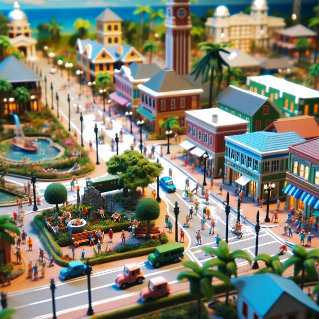 Create an image of intricate miniature model scene that encapsulates the vibrant essence and unique characteristics of Country Boynton Beach, styled to echo the fascinating detail and whimsy of Miniatur World.