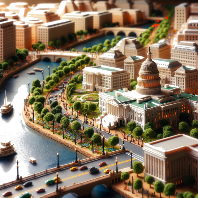 Create an image of intricate miniature model scene that encapsulates the vibrant essence and unique characteristics of City Washington, in country Stati Uniti styled to echo the fascinating detail and whimsy of Miniatur World.