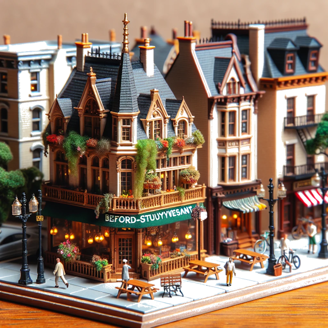 Create an image of intricate miniature model scene that encapsulates the vibrant essence and unique characteristics of City Bedford-Stuyvesant, Brooklyn, in country New York styled to echo the fascinating detail and whimsy of Miniatur World.
