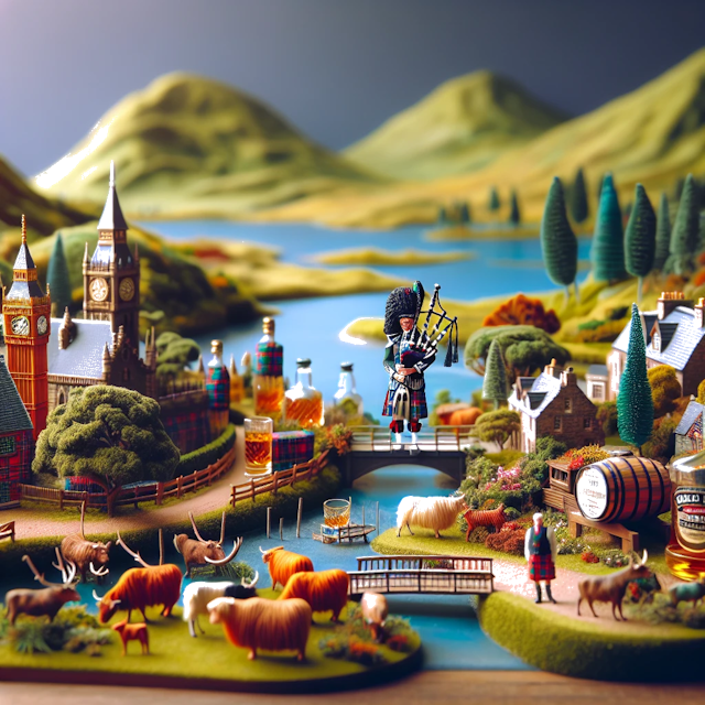 Create an image of intricate miniature model scene that encapsulates the vibrant essence and unique characteristics of Country Escócia, styled to echo the fascinating detail and whimsy of Miniatur World.