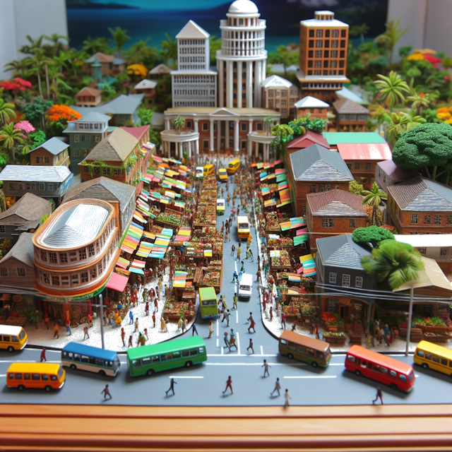 Create an image of intricate miniature model scene that encapsulates the vibrant essence and unique characteristics of City Kingston, in country Jamaica styled to echo the fascinating detail and whimsy of Miniatur World.