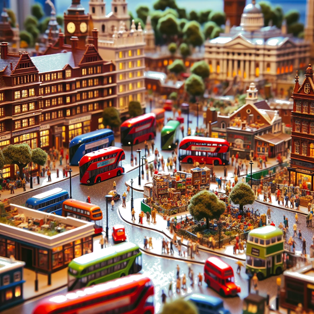 Create an image of intricate miniature model scene that encapsulates the vibrant essence and unique characteristics of City Londres, in country Angleterre styled to echo the fascinating detail and whimsy of Miniatur World.